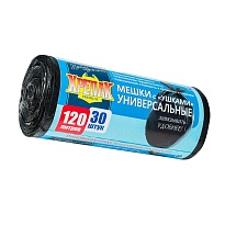 Мешки для мусора 120 л, с ушками, черные, в рулоне 30 шт., ПНД, 15 мкм, 1100х700 мм, Крепак, 4607075710375 в Стерлитамаке